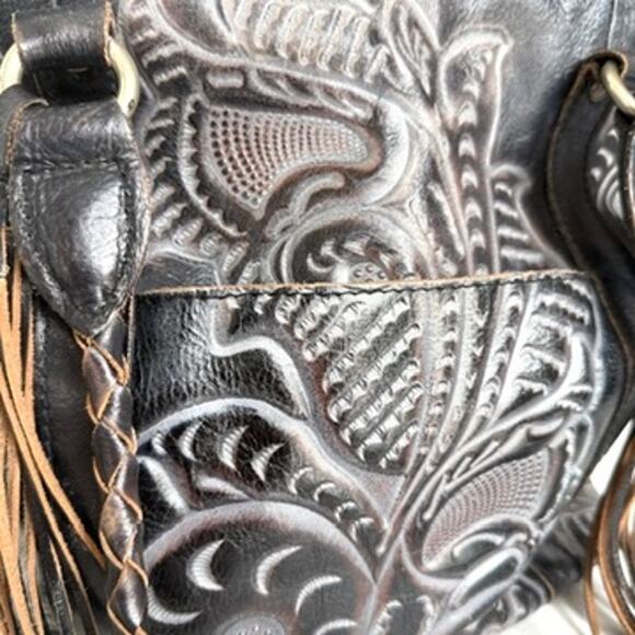 Patricia Nash Tooled Leather Tote Black Brown Fringe Handles Boho Western Bag - Picture 2 of 10